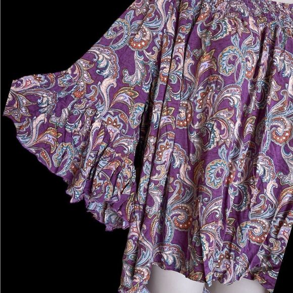 Cato silky soft elastic collar Blouse ruffles bell sleeves in Purple and Pink - Picture 4 of 6